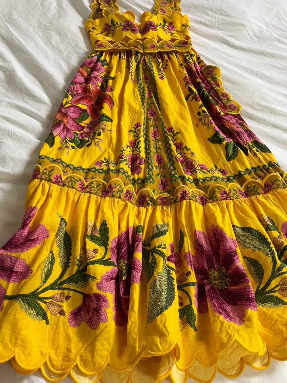 FARM Rio Yellow Summer Fruit Scarf Midi Dress pink floral cutout eyelet scallop - Picture 13 of 15